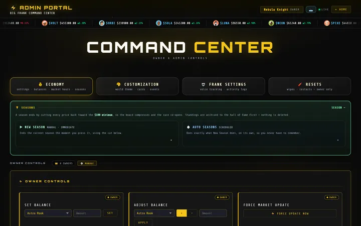 The admin Command Center with economy, customisation, Frank settings and resets, season controls and owner controls