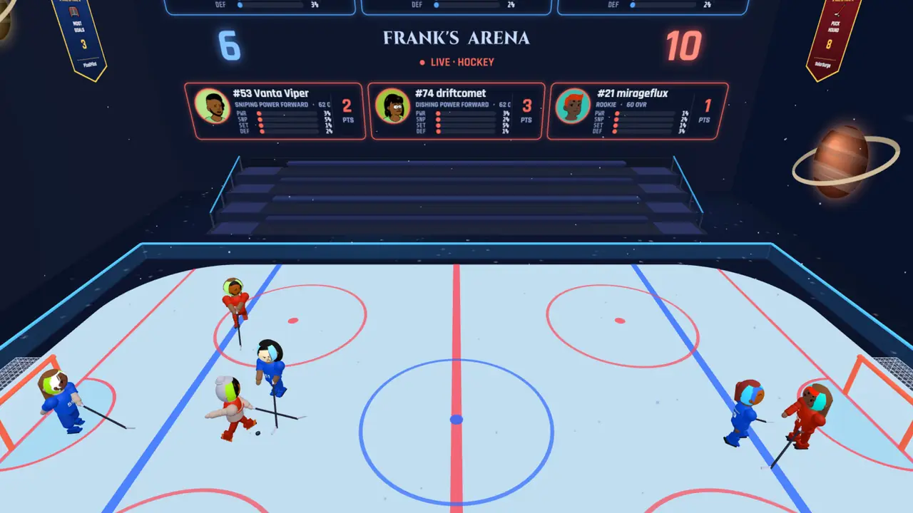 A hockey game in the arena, two teams of showcase members on the ice and a scoreboard showing 6 to 10