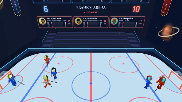 A hockey game in the arena, two teams of members on the ice and a scoreboard showing 6 to 10