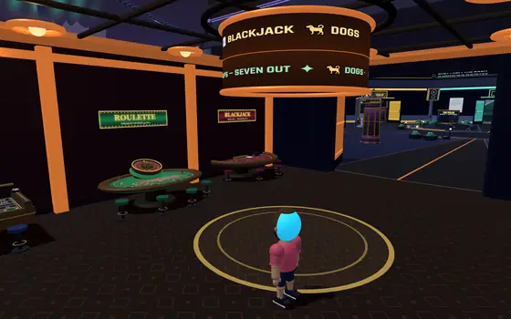 The casino floor with roulette and blackjack tables