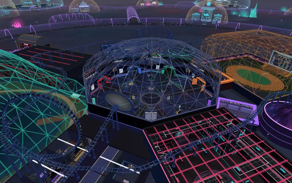 The colony hub seen from above: glass domes, the coaster and the venues around the courtyard