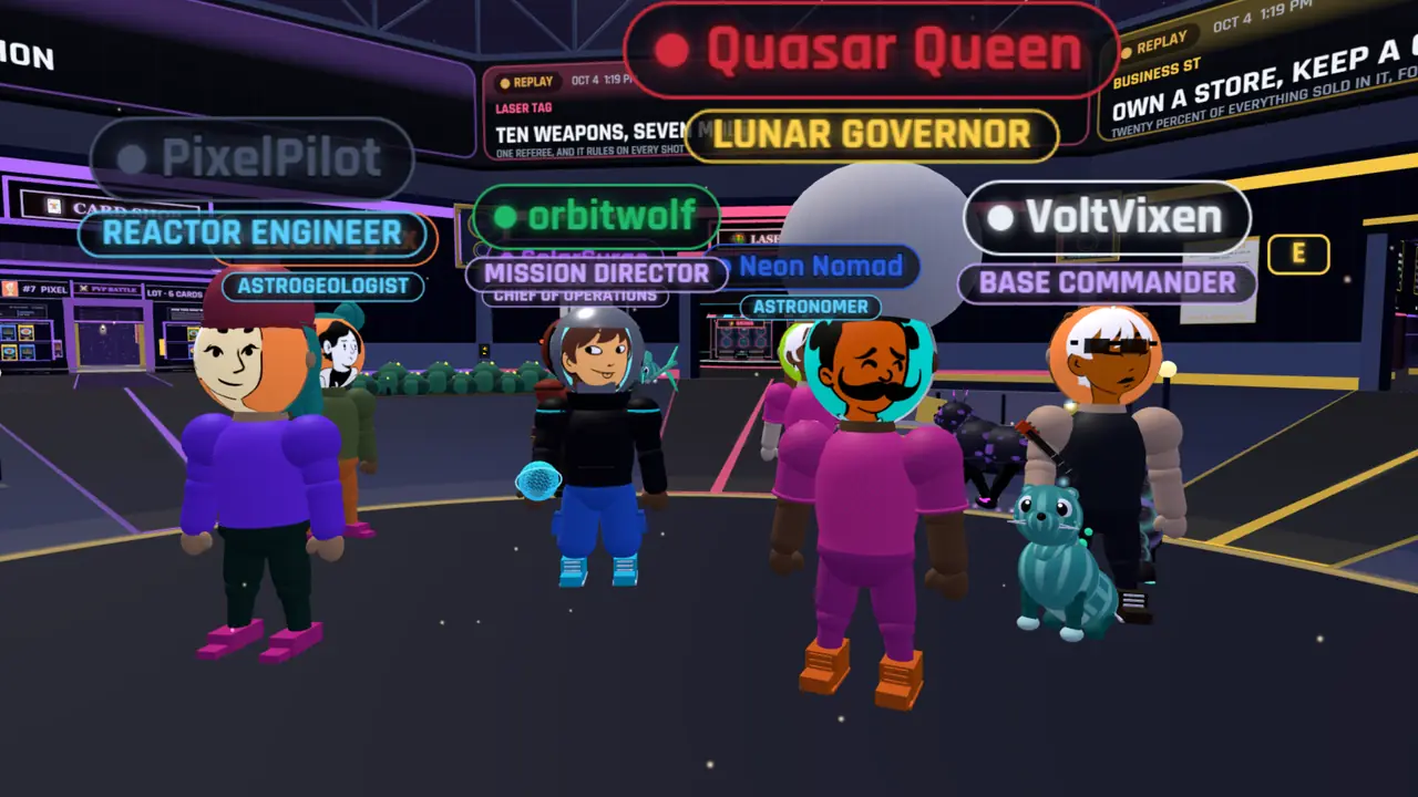 Seven members hanging out in the courtyard, each with an illustrated face, a name tag and a status title such as Lunar Governor and Base Commander