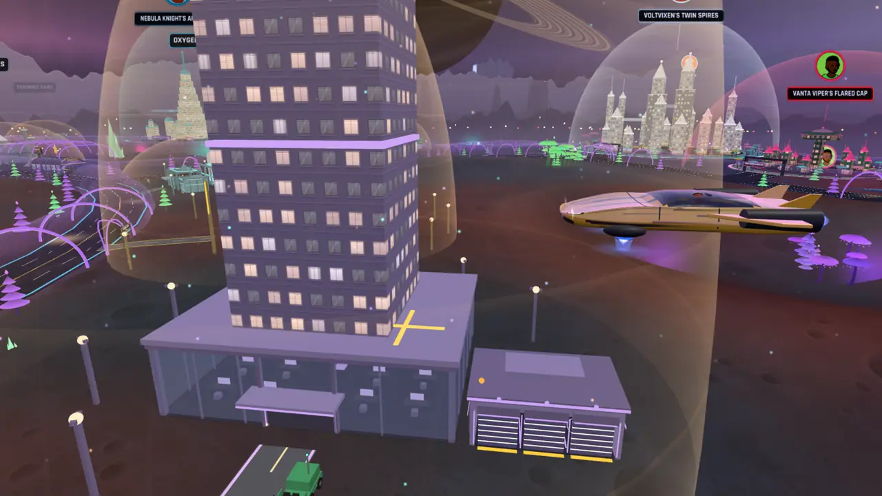 A gold flying car passing a member's tower block in a dome, the frontier's domes and a ringed planet behind
