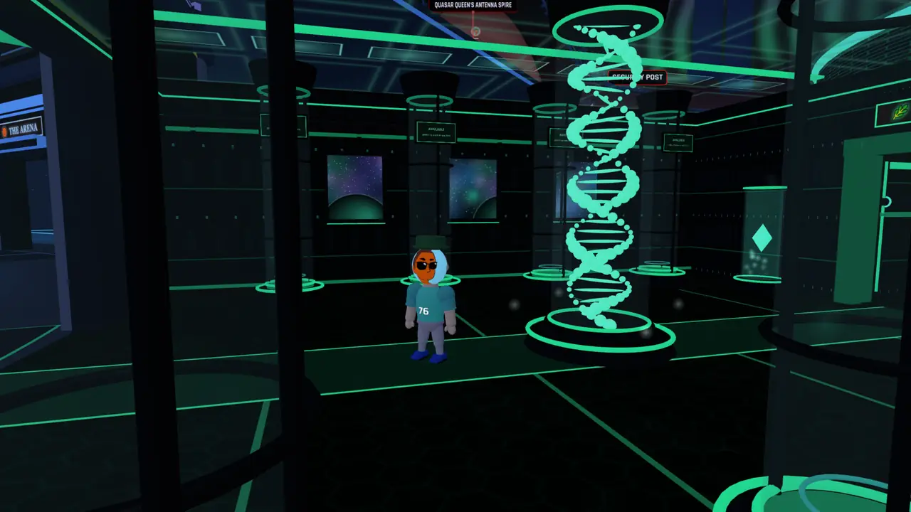 Inside the hatchery: rows of incubators in a dark green hall and a glowing DNA helix, with a member standing beside it