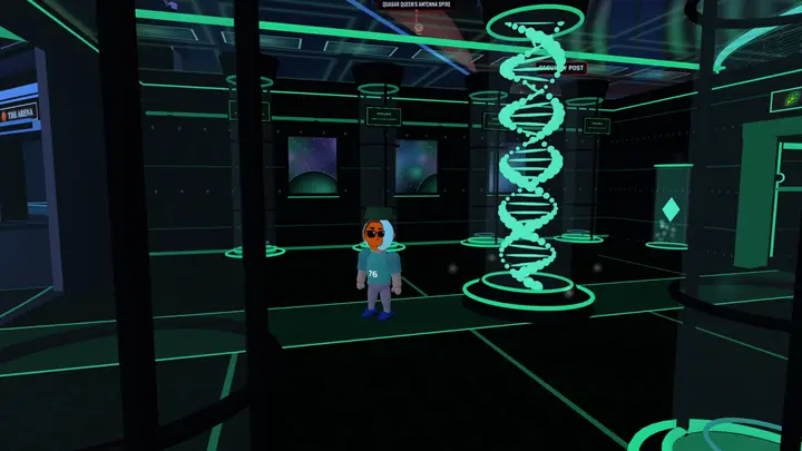 The hatchery: a dark green hall of incubators with a glowing DNA helix in the middle