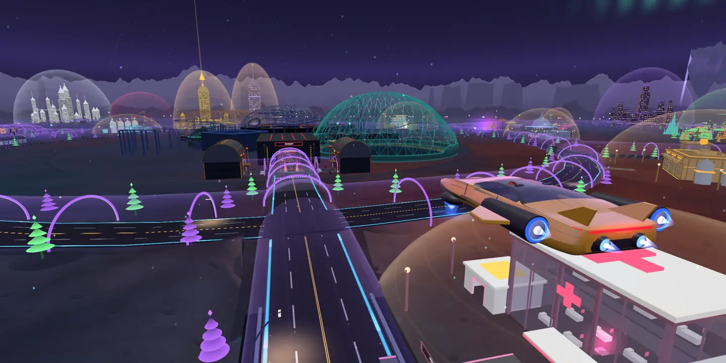 A gold hover car flies high above a road tunnel and a domed medical bay, heading for the colony's glass domes on the horizon