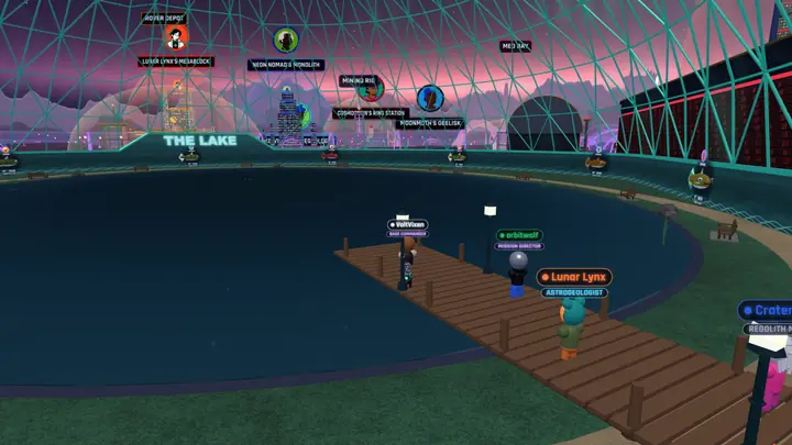Members standing along the lake's wooden pier under the glass dome, fishing