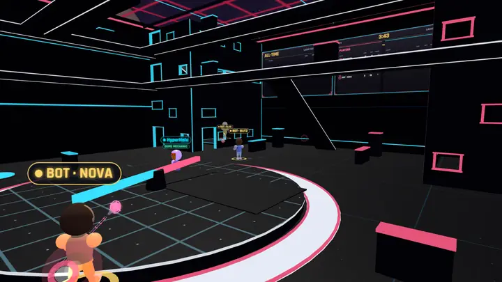 Inside the laser tag arena: neon walls and a bot holding a laser rifle on a spawn ring