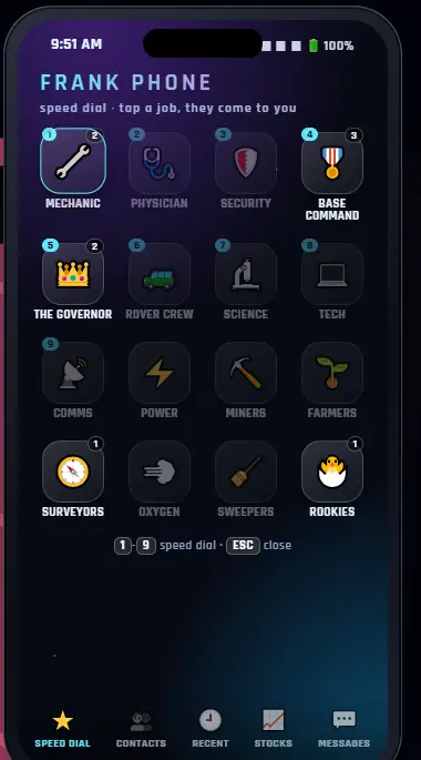 The Frank Phone's speed dial of crew jobs