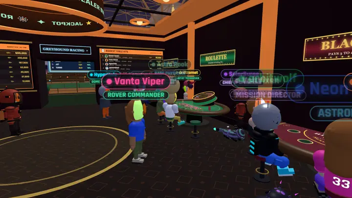 Members at the roulette table with name tags, the craps table behind them