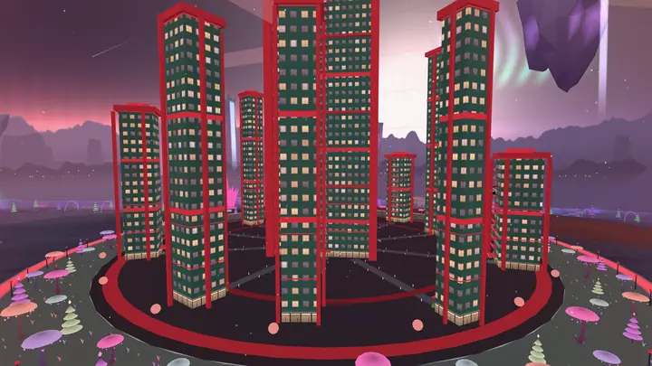 A cluster of tall red-lit towers on a circular estate: the house of the server's top stock