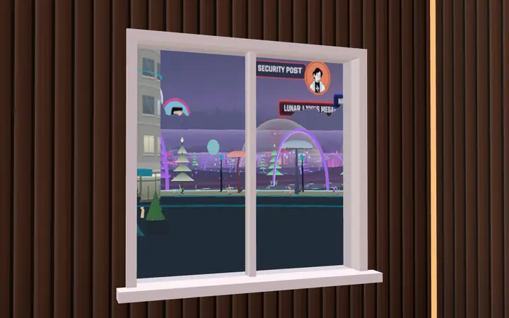 A window inside a home looking out on the real street outside: neighbouring domes and a neighbour's house sign with their portrait